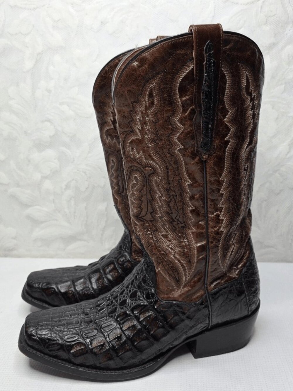 Dan Post Exotic Caiman Cowboy Boots Lagoon Brown Square Toe Size 7.5D